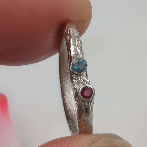Hand Forged Molten Sterling Silver Ring – Apatite & Ruby