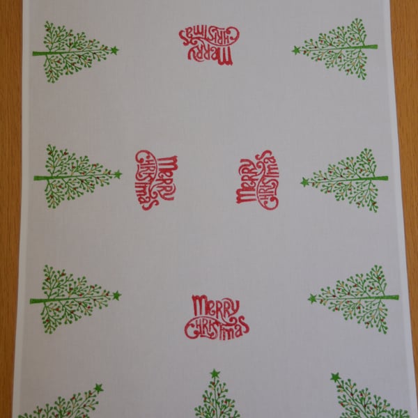 Christmas Tea Towel Hand Block Printed - Christmas Trees 