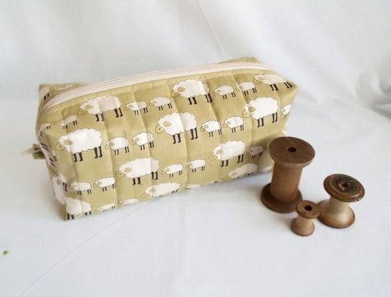 sheep zipped boxy make up pouch, pencil case or crochet hook case