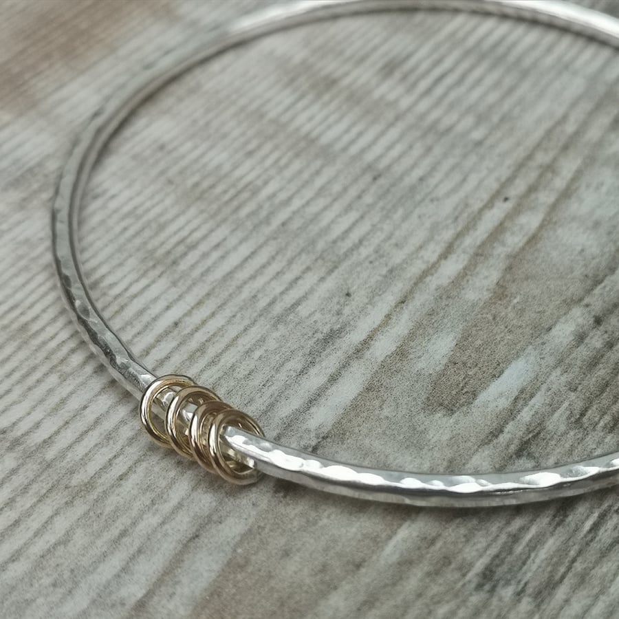 Solid Sterling Silver and 4 9ct Gold Ring Bangle, Hammered Silver Bangle