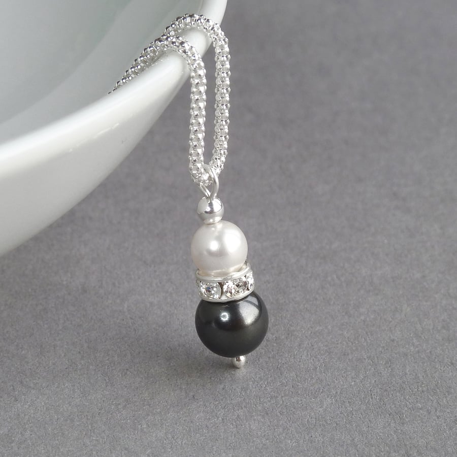 Dark Grey Pearl and Crystal Drop Necklace - Charcoal Grey Bridesmaids Pendant