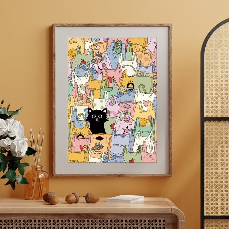 Cute Cat Art Print, The Cat's Out Of The Bag Wall Art Print, The Secret Is Out