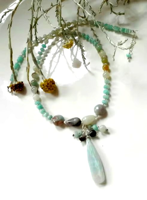 Designer Amazonite Drop Cluster Sterling Silver Necklace