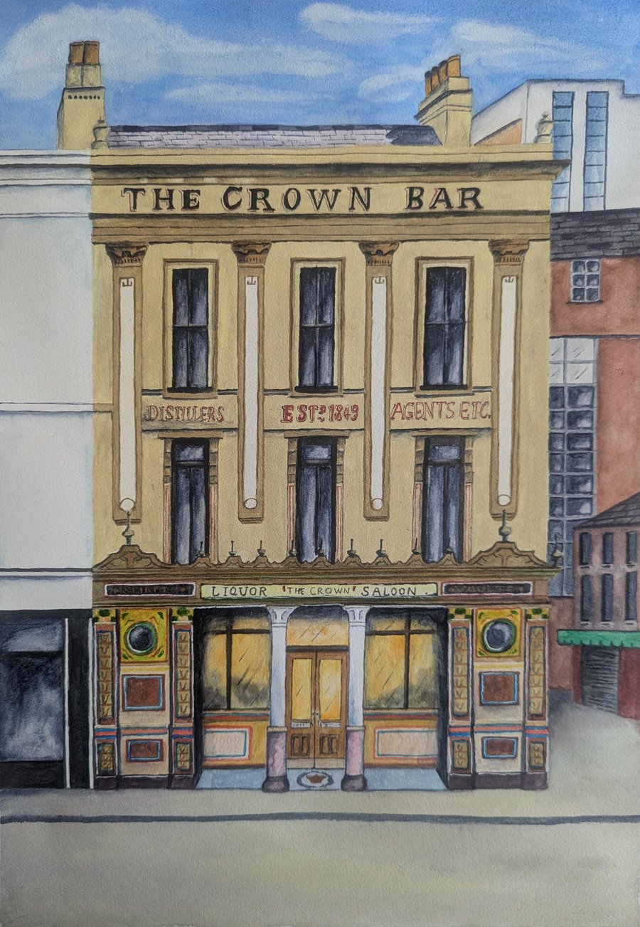 The Crown Bar, Belfast. A4 watercolour print