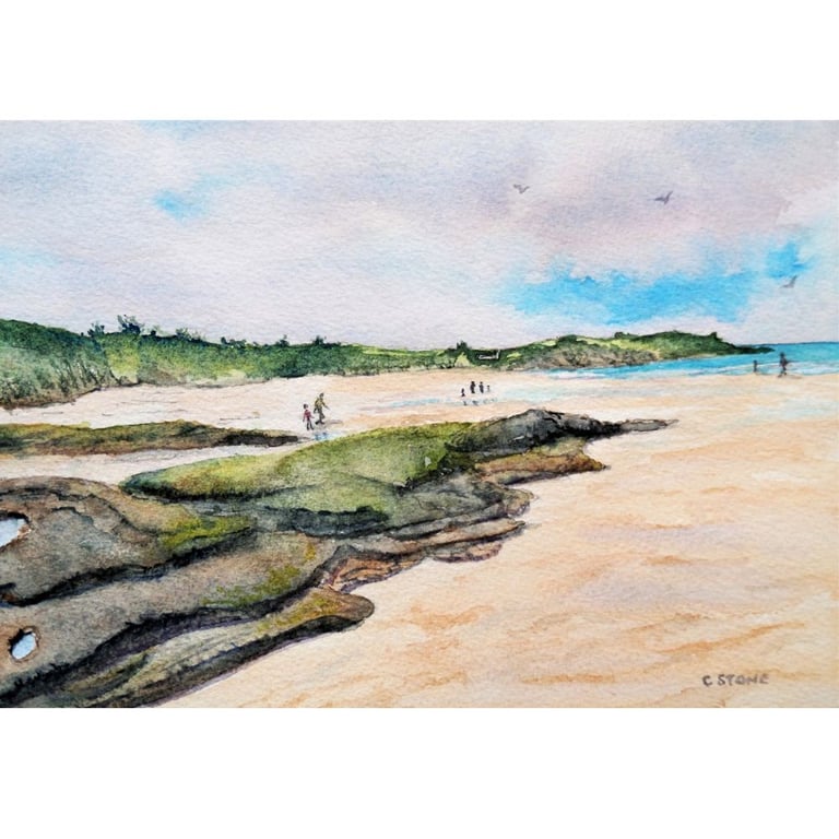 Harlyn Bay Beach, Cornwall, small watercolour painting