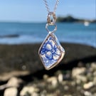 Blue & White Flower Sea Pottery and Sterling Silver Pendant - 1066