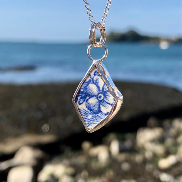 Blue & White Flower Sea Pottery and Sterling Silver Pendant - 1066