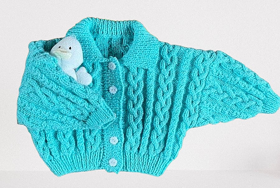 Toddler Cardigan In Aqua Blue - Cable Pattern -Approximate Age 1 - 2 years