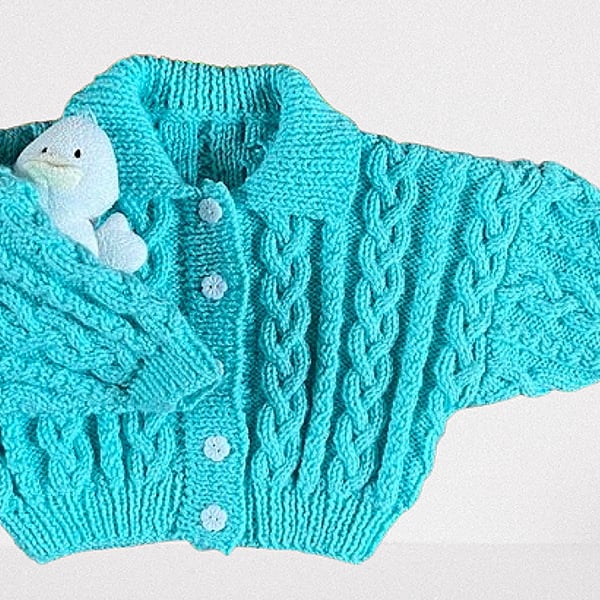 Toddler Cardigan In Aqua Blue - Cable Pattern -Approximate Age 1 - 2 years