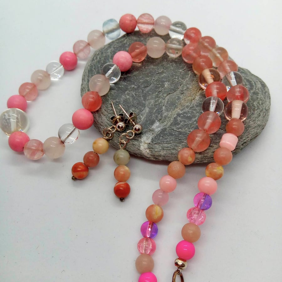 Jasper Rose Quartz and Glass Beads 2 Piece Jewellery Set, Mother's Day
