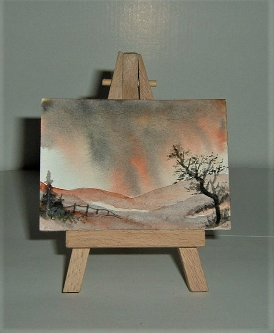 original art aceo watercolour landscape sunset painting ( ref F 520)