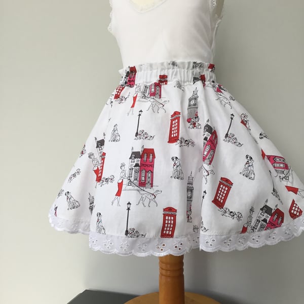 Girls twirly skirt, white dalmatians, puppy dogs, circular skirt, age 3 yrs