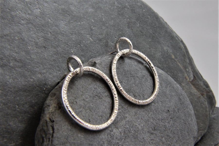 Hammered Front Facing Hoop Sterling Silver Dangle Earrings