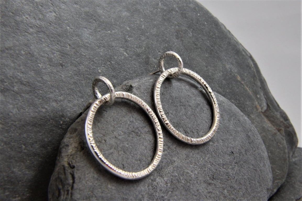Hammered Front Facing Hoop Sterling Silver Dangle Earrings