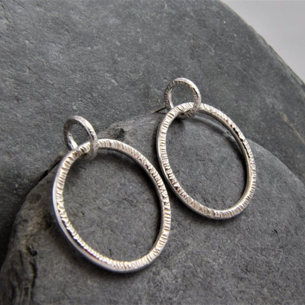 Hammered Front Facing Hoop Sterling Silver Dangle Earrings