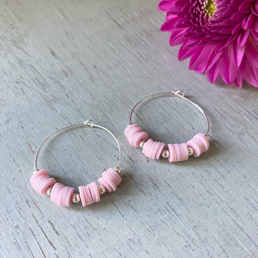 Pale Pink Heishi Bead Hoop Earrings, sterling silver