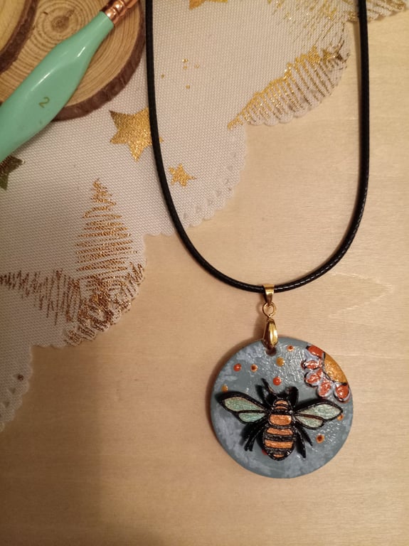 Bee hand painted wooden necklace 