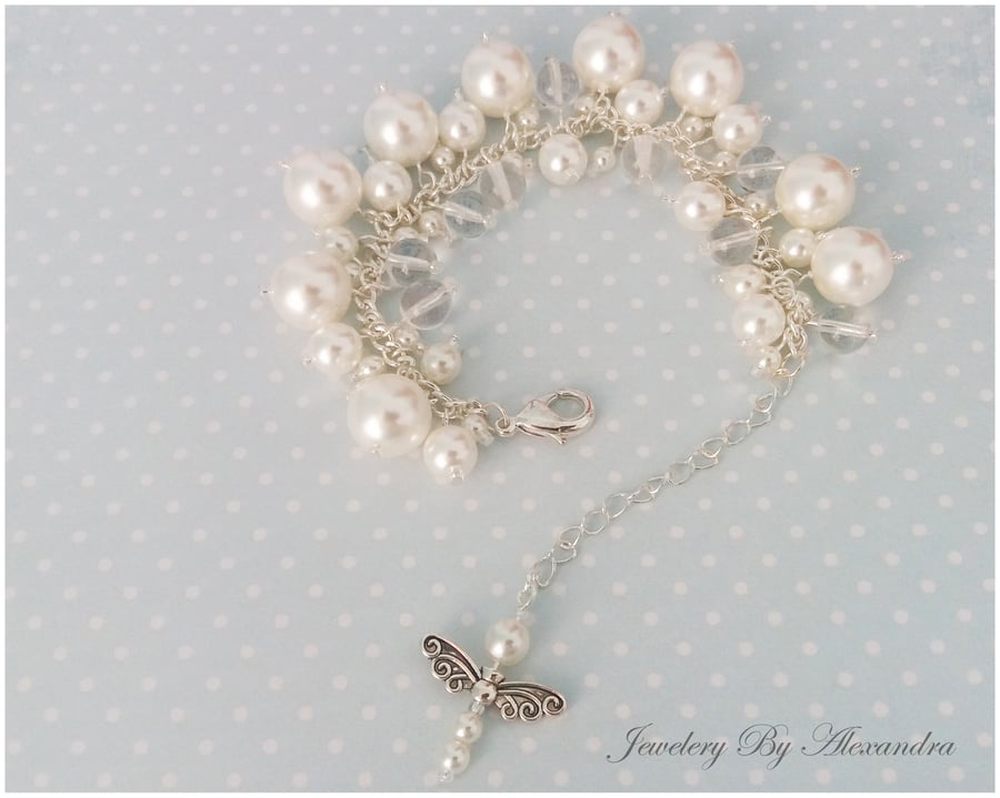 Cluster Bracelet-White and Clear with Dragonfly Charm
