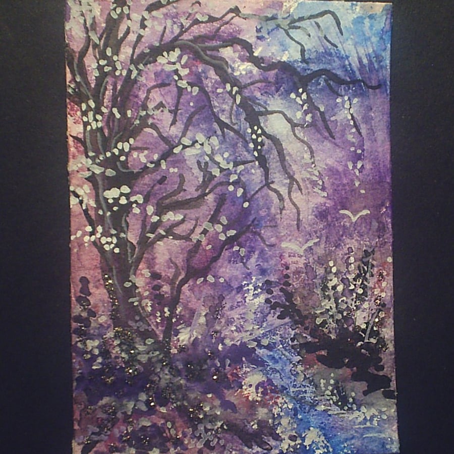 aceo SFA original miniature watercolour painting fantasy glitter woodland