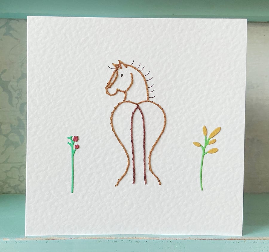 Hand Sewn Card. Horse Card. Stitched Card. Embroidered Card. Horses. Button Card