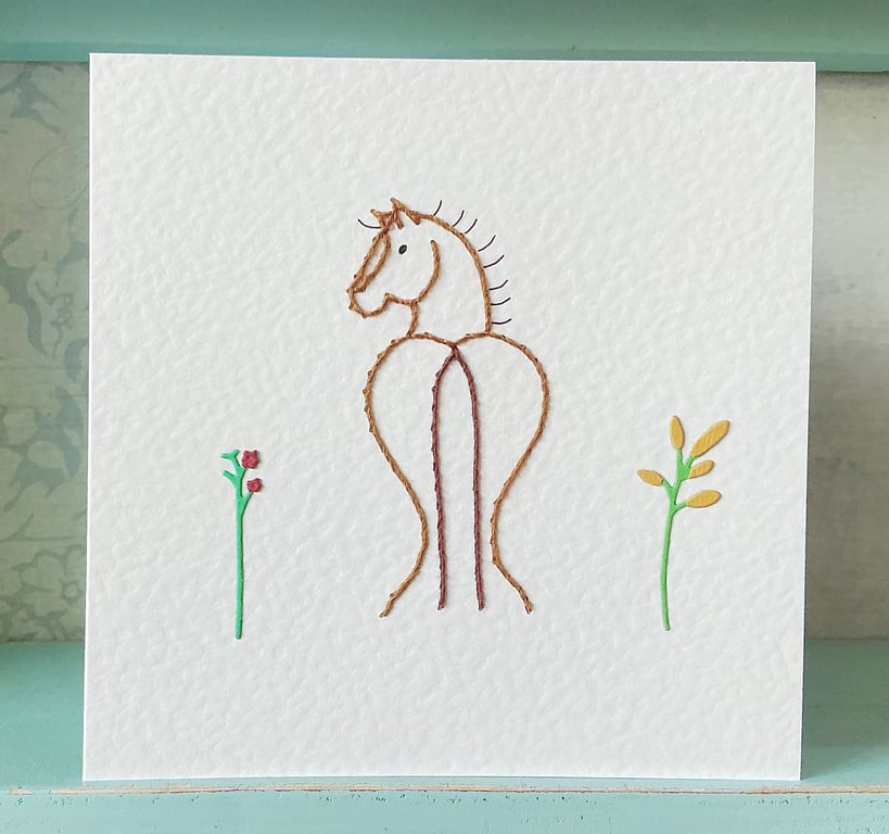 Hand Sewn Card. Horse Card. Stitched Card. Embroidered Card. Horses. Button Card