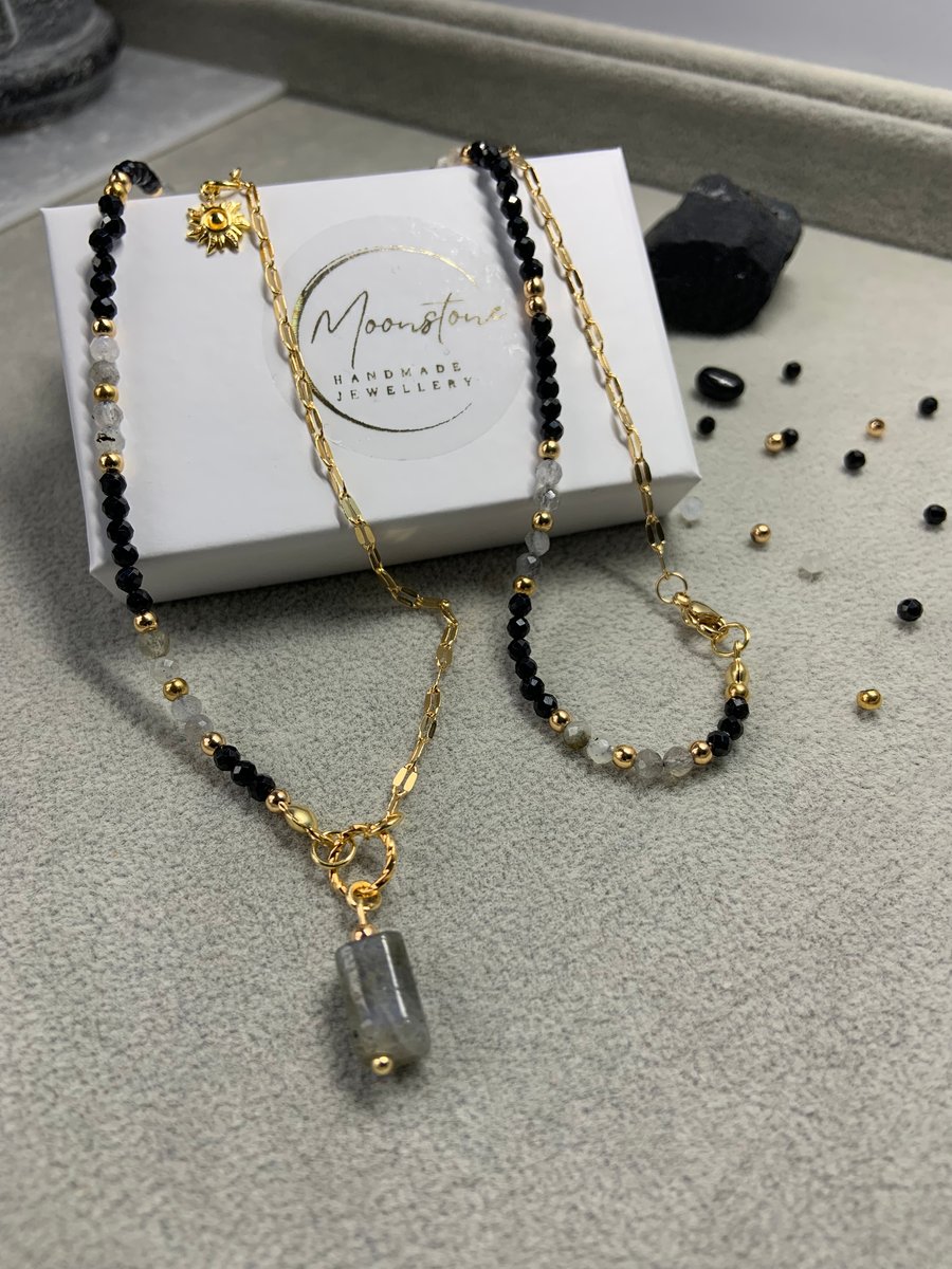 Black tourmaline and Labradorite necklace, Handmade gemstone necklace 
