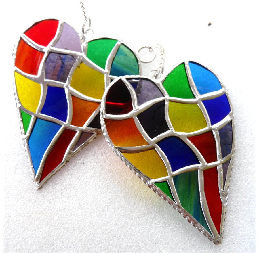 Patchwork Heart Suncatcher Stained Glass Handmade Rainbow 