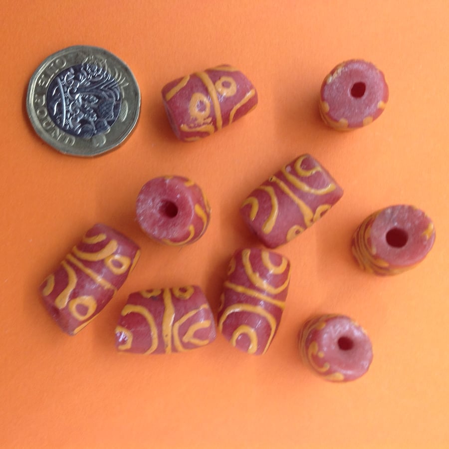 9 pink and yellow African tube beads of recycled glass approx 1.75 - 2cm long