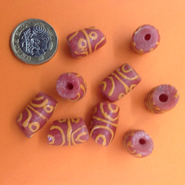 10 pink and yellow African tube beads of recycled glass approx 1.75 - 2cm long