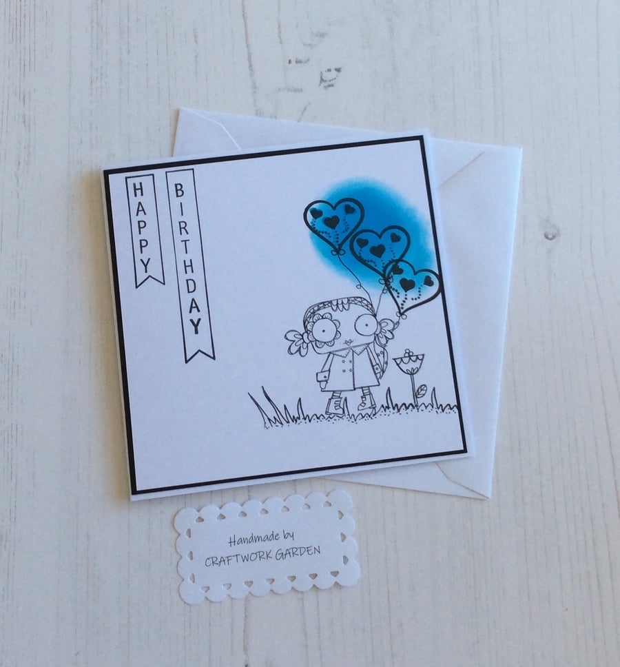 Blue Heart Balloons Character Happy Birthday Card - Folksy
