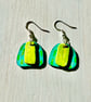 Wooden dangly earrings painted in vibrant greens and teal on silver plated hooks - Image 2