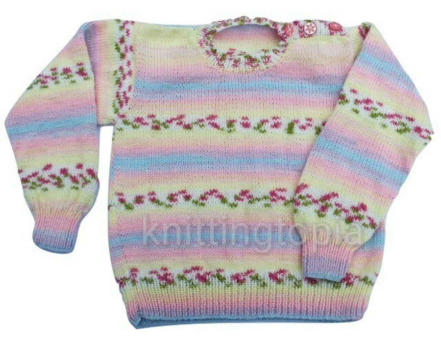 Hand knitted classic round neck jumper 26 inch chest girls multicolour