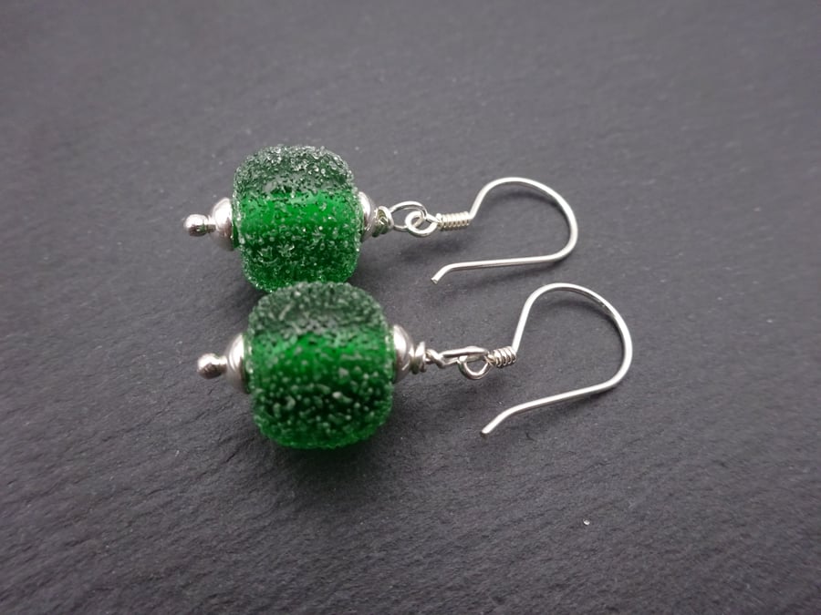 green sugar lampwork glass earrings