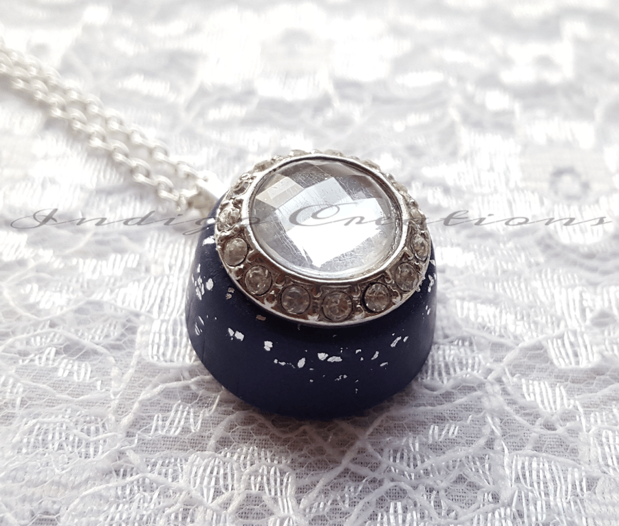 Necklace Handmade Blue Sparkle With Diamante Embelishment Polymer Clay Pendant