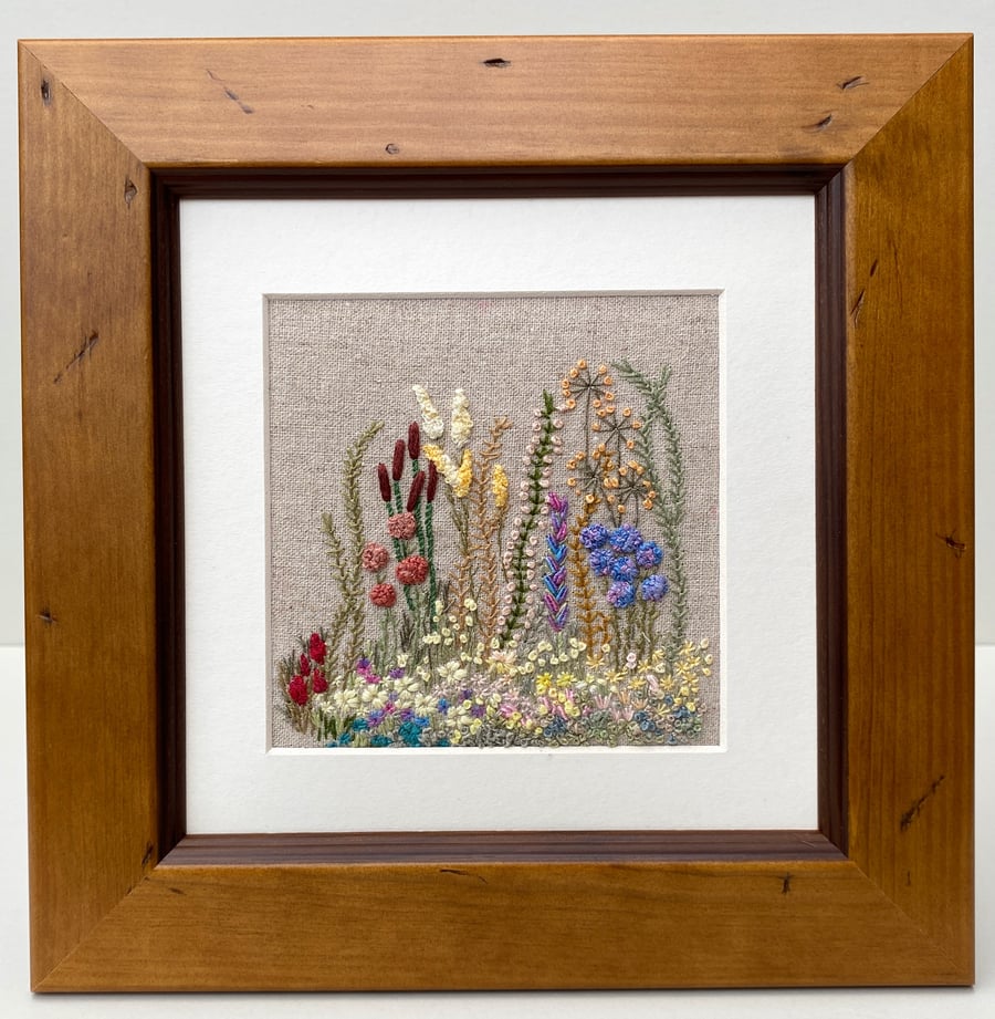 Picture, hand embroidered floral picture, framed wildflower garden 