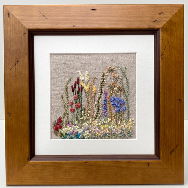 Picture, hand embroidered floral picture, framed wildflower garden 