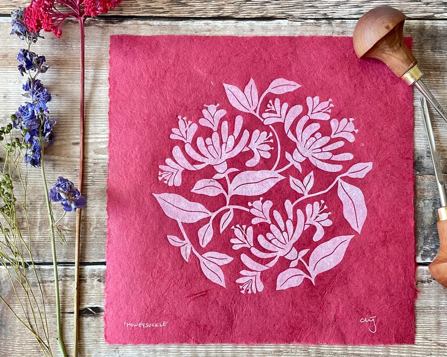 Honeysuckle linoo print, on pink, June birth flower