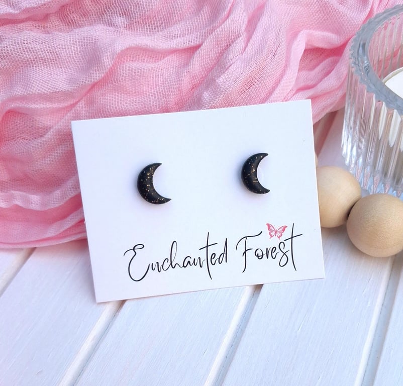 Black Glitter Moon Stud Earrings, Celestial Jewellery, Accessories & Gifts