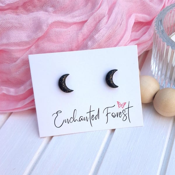 Black Glitter Moon Stud Earrings, Celestial Jewellery, Accessories & Gifts