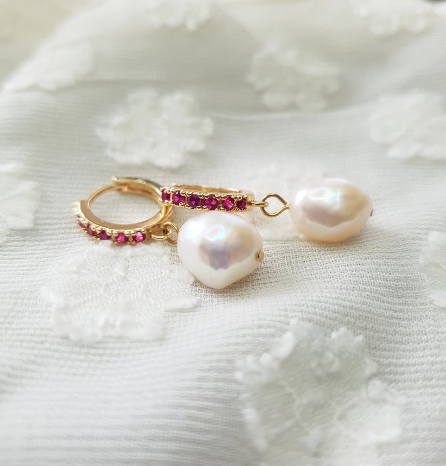 Genuine Freshwater Pearl Hoop Earrings with Pink Pave Detailing