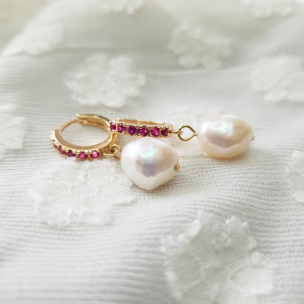Genuine Freshwater Pearl Hoop Earrings with Pink Pave Detailing