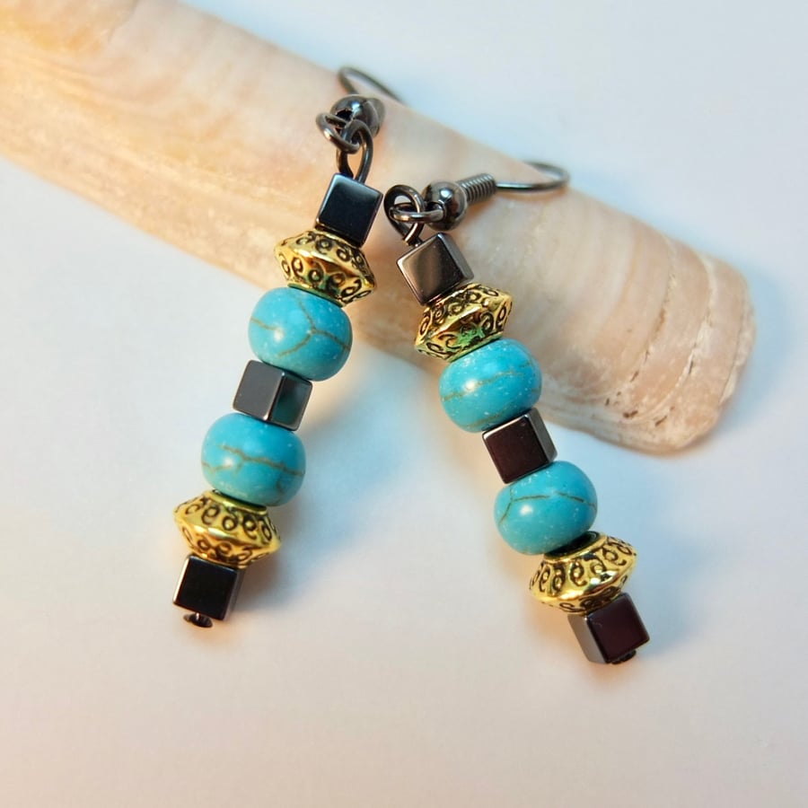 Hematite And Turquoise Earrings - Handmade In Devon - Seconds Sunday