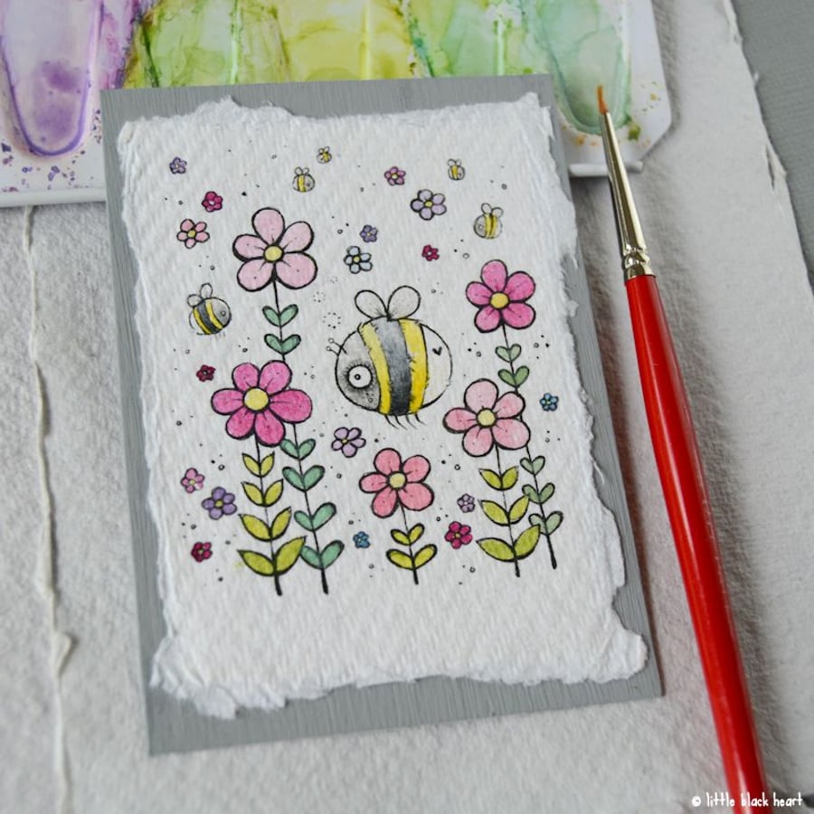 bees and blossom - original aceo