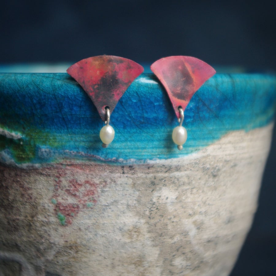 Copper  Fan Shape Stud Earrings with Freshwater Pearl