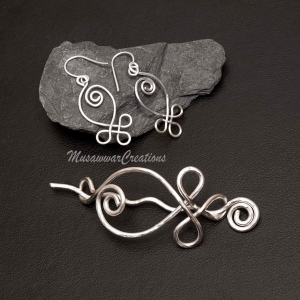 Celtic Spiral Silver plated Copper Shawl Pin, Scarf Pin, Sweater Brooch, matchin