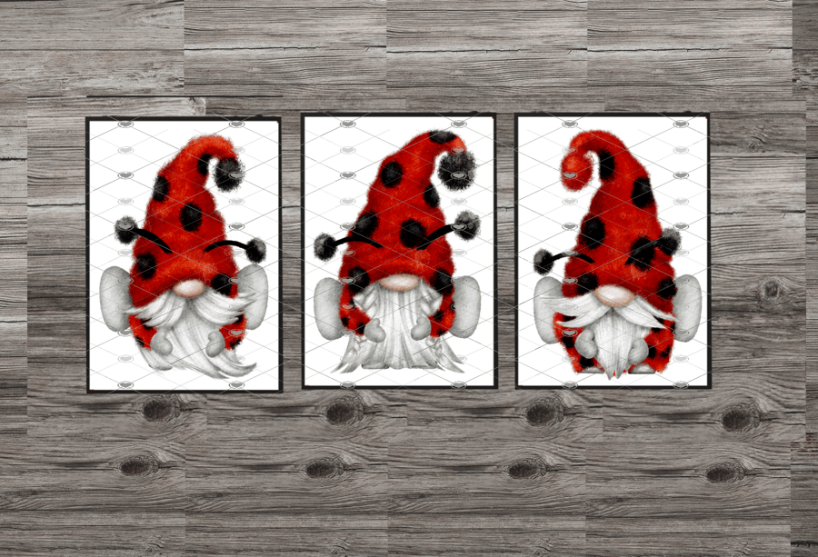Ladybird Gnome Prints, Set Of 3 Gonk Prints, Gnome A4 Custom Prints
