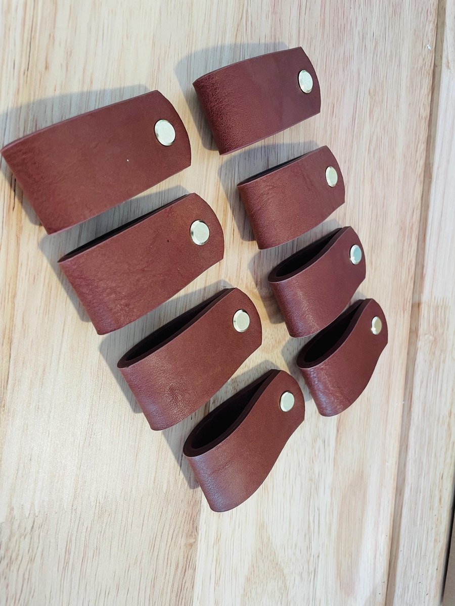 Brown Faux Leather Drawer Pulls, Scandi Cabinet Handles (Set of 8)