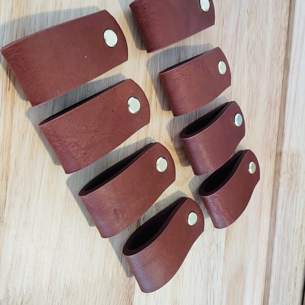 Brown Faux Leather Drawer Pulls, Scandi Cabinet Handles (Set of 8)