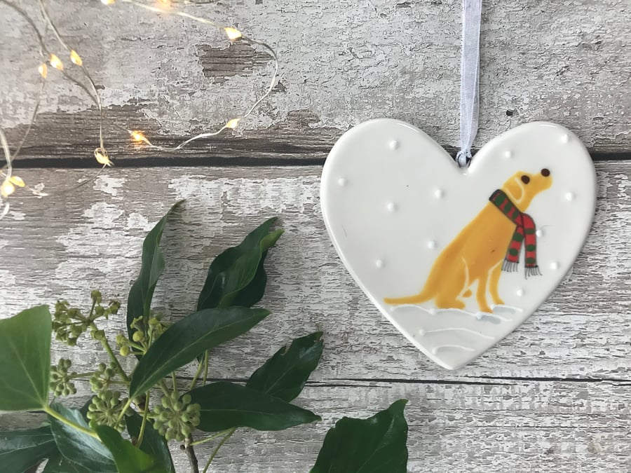 Golden Labrador in the snow - Hand Painted Ceramic Heart