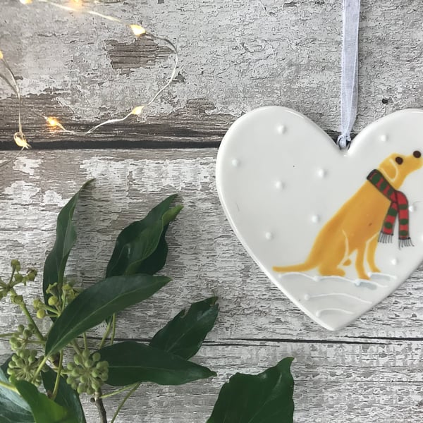 Golden Labrador in the snow - Hand Painted Ceramic Heart